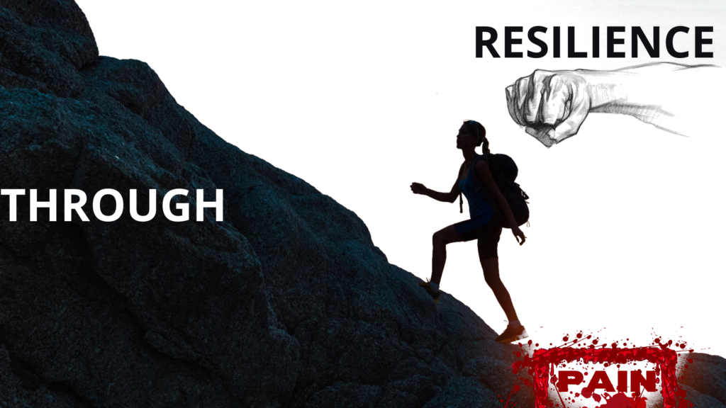 Graphics and elements containing examples of Resilience. A silhouette of a young woman climbing up a mountain. Texts with words 'Resilience', 'Through',' 'Pain' in bold text.