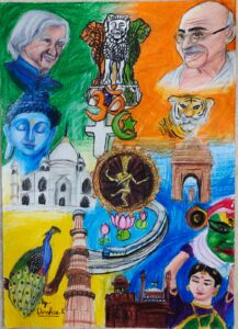 Darshan K. (This artwork depicts the variety of culture and important and eminent personalities of India and also depicts the India in my heart. I drew this work using coloured pencils on an A3 drawing sheet on account of Republic Day.)