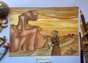 Tanishq Pratap Singh (This Watercolor + color Pencil artwork tells a story that this girl been traveling in desert and lost then she found ancient mega sandstone which reflects her personality. Traveling in desert is really hard but she found inspiration & joy on this sandstone, that's paid off her tough steps on sand.)