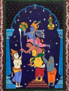 Rohit Ambaliya (This is painting of Makhanchor Bhagvan Krishna. In this very scene of Looting Makhan from a house in Mathura where lord Krishna spent his childhood. This dramatic illustration shows effectively the friendship of Guwala with Krishna)