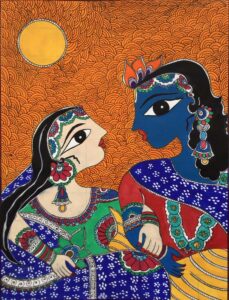 Ashwin Geneti (This is a melody of spiritual love as I see lord krishna’s devotion towards Radha is remarkable and heavenly. I love the romance of almighty. In this painting Krishna doing rasa with Radha under the mist of moon.)